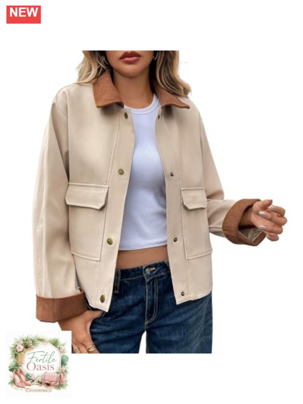 Women Cropped Barn Jacket Contrast Collar Cargo Pockets Button Down Fall